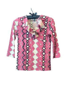Ralph Lauren Red Western Aztec Ruffle Geometric Ruffle-Trim Long Sleeve Tee